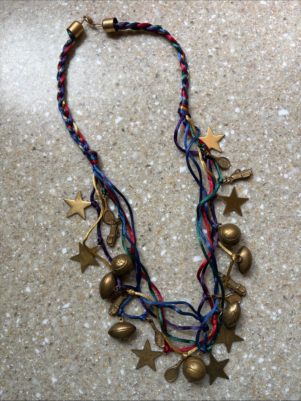 Vintage Multi-strand Sports Theme Cord Necklace with Brass Charms